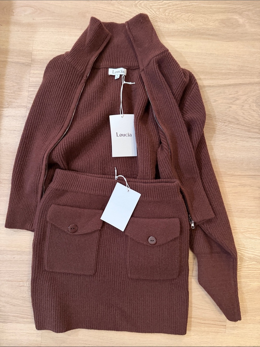 Women's Brown Ribbed Turtleneck Sweater & Skirt Set